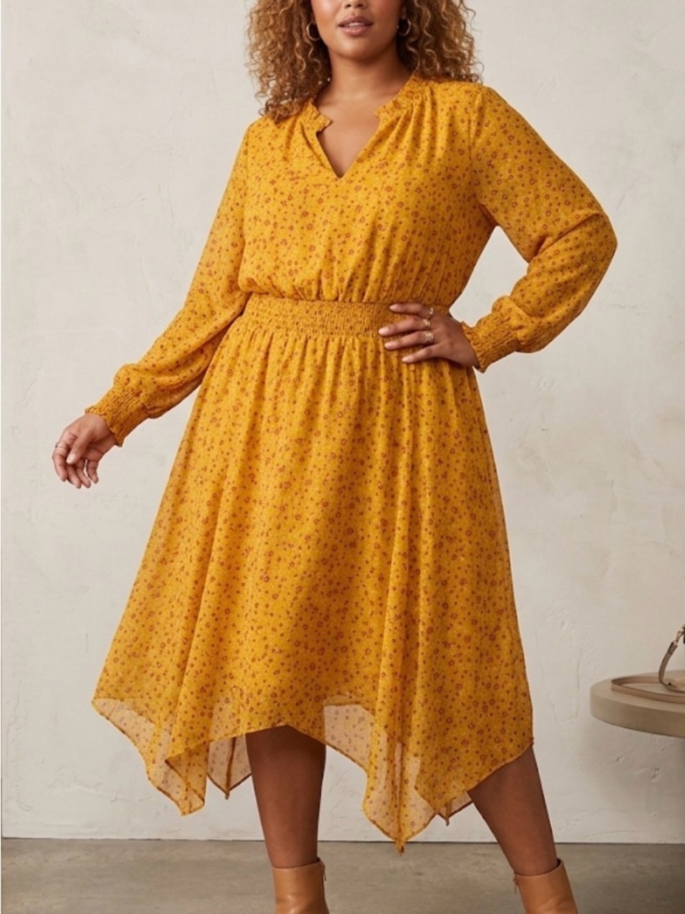 Time and Tru Mustard Floral High-Low Midi Dress size XXL